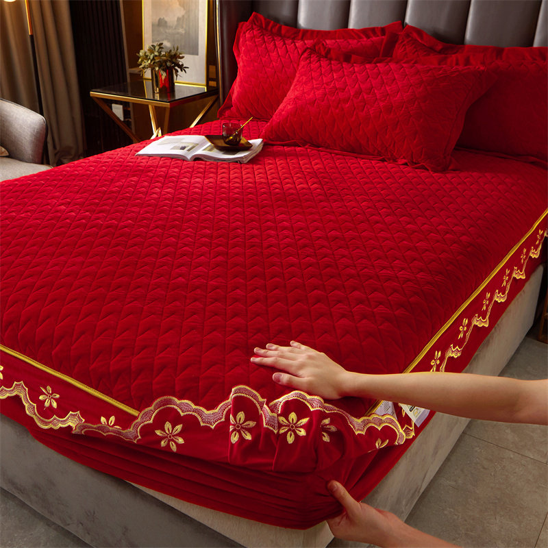 结婚庆大红色宝宝绒夹棉床笠三件套保暖加厚单床套毛绒床罩