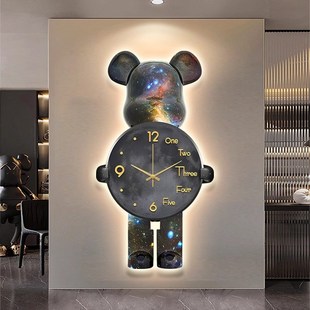 带灯暴力熊挂画玄关灯画餐厅装饰画LED钟表挂钟客厅2024新款壁灯