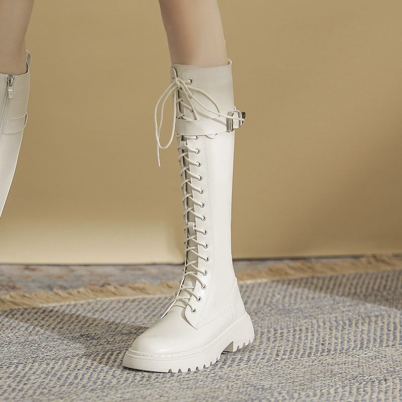 海伦馆白色靴子女2025新款长靴厚底长筒靴马丁靴女冬季加绒骑士靴