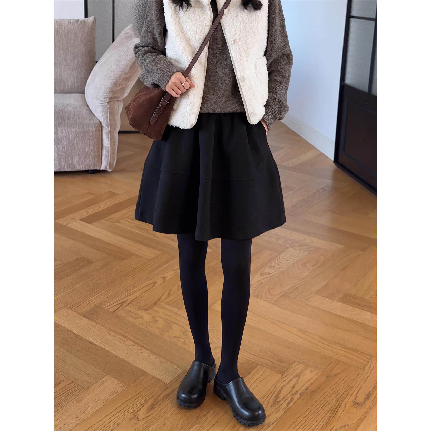 灰色毛呢花苞短裙女秋冬2