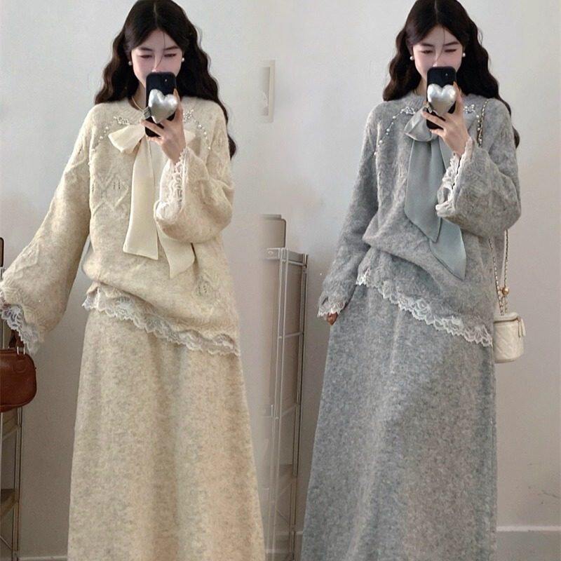 大码慵懒风蕾丝拼接宽松毛衣半身裙两件套秋冬穿搭显瘦气质套装女