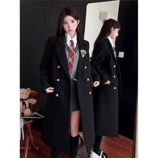 jk制服套装大衣中长款日系高校学生双排扣呢子学院风外套女秋冬季