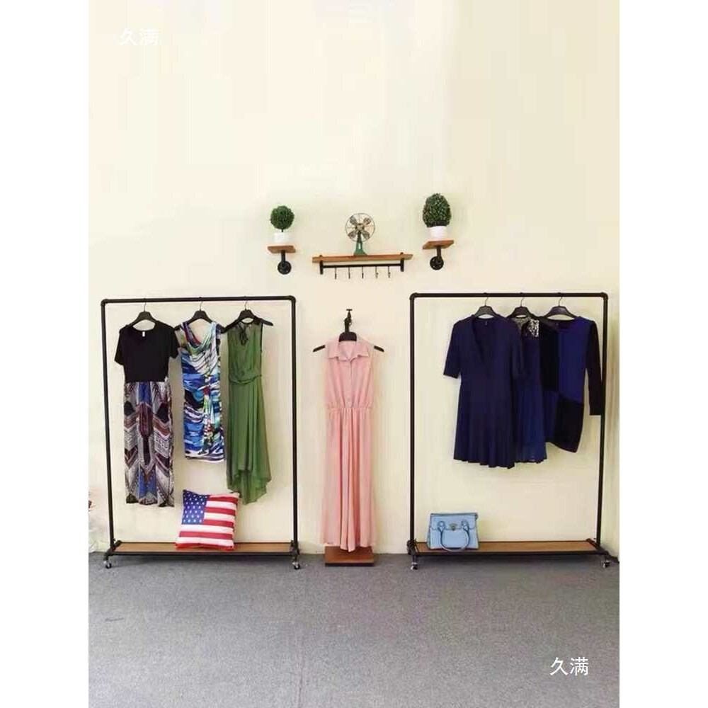 铁艺衣架复古挂衣架多功能服装店货架实木展示架落地水管架带滚轮
