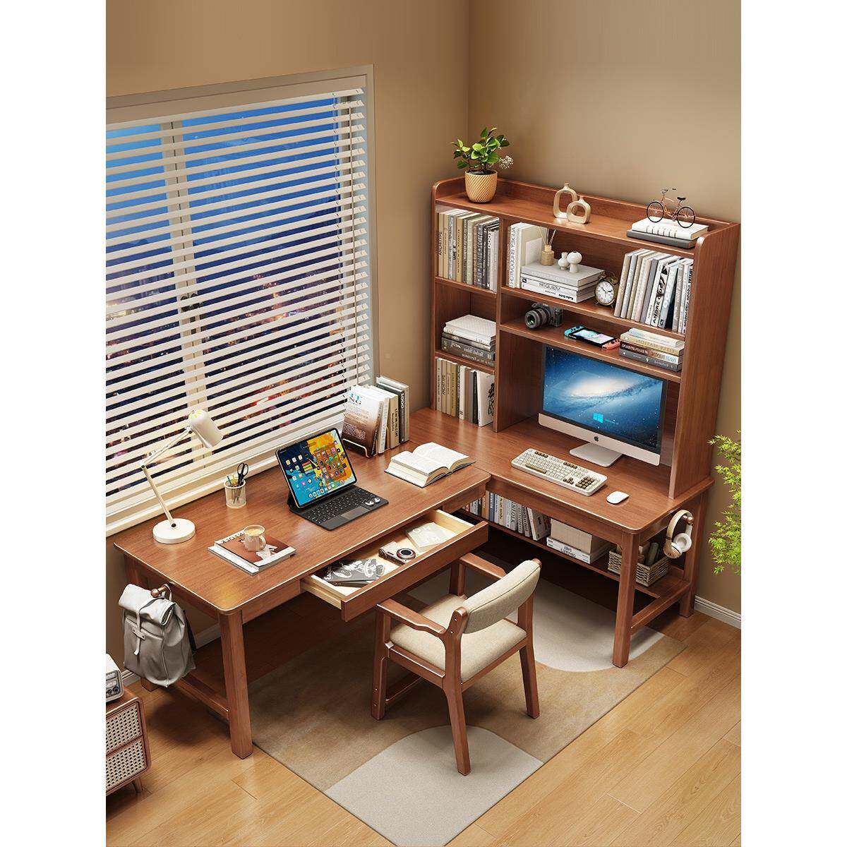 J柜&体实木转角见详情书桌书架一学生家拐用书组合学习桌卧室L型