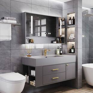 蓝加全桉木简约肤感无缝盆陶瓷双盆浴室柜组合可丽耐一体盆洗脸柜