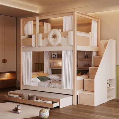 奶油风城上下床层床堡高护双栏儿童床上下铺两层高低HYX床同宽床