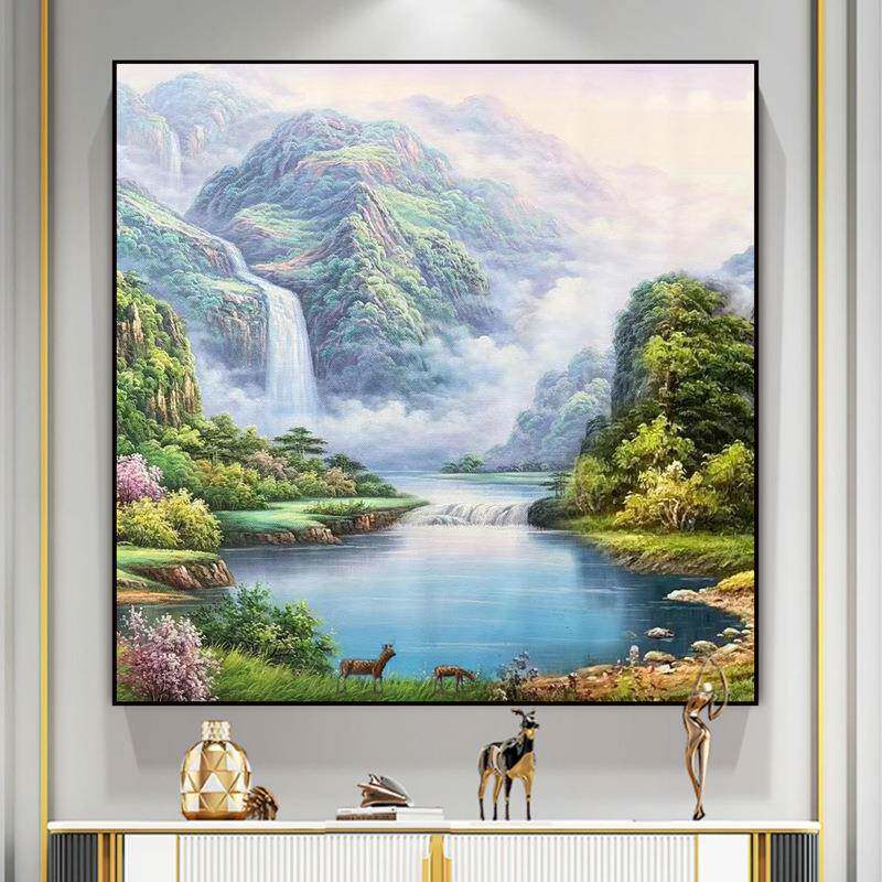 手绘画聚店财湖挂画风景装油饰画酒餐玄厅关山水画新款现002代艺