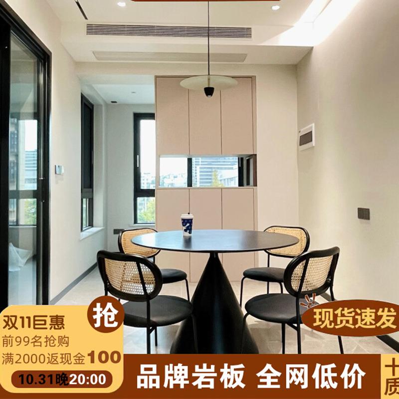个性创意现代简约轻奢高端圆桌纯黑色德利丰岩板餐桌圆家用小户型