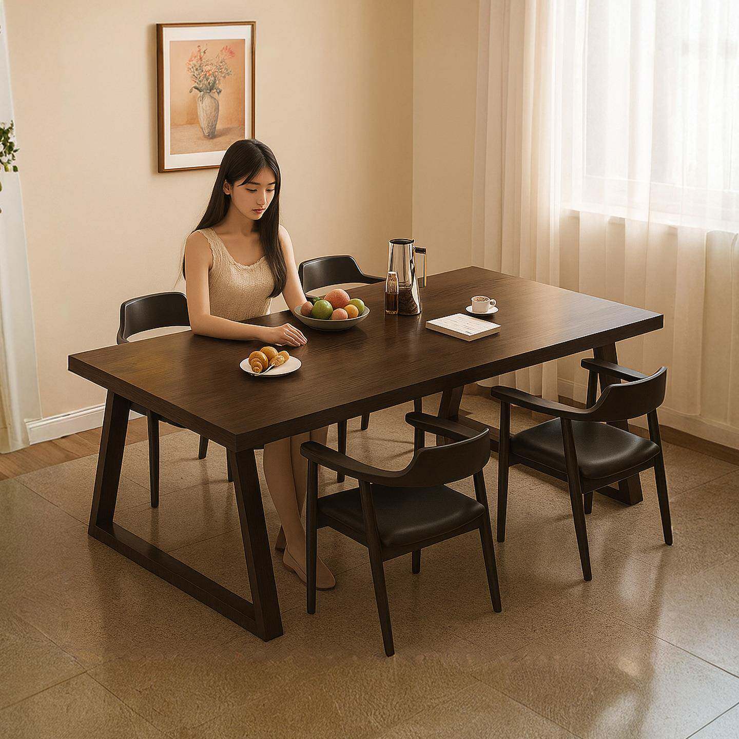 实木餐桌客厅家用大板桌长方形饭桌中古风简约吃饭桌子餐桌椅组合