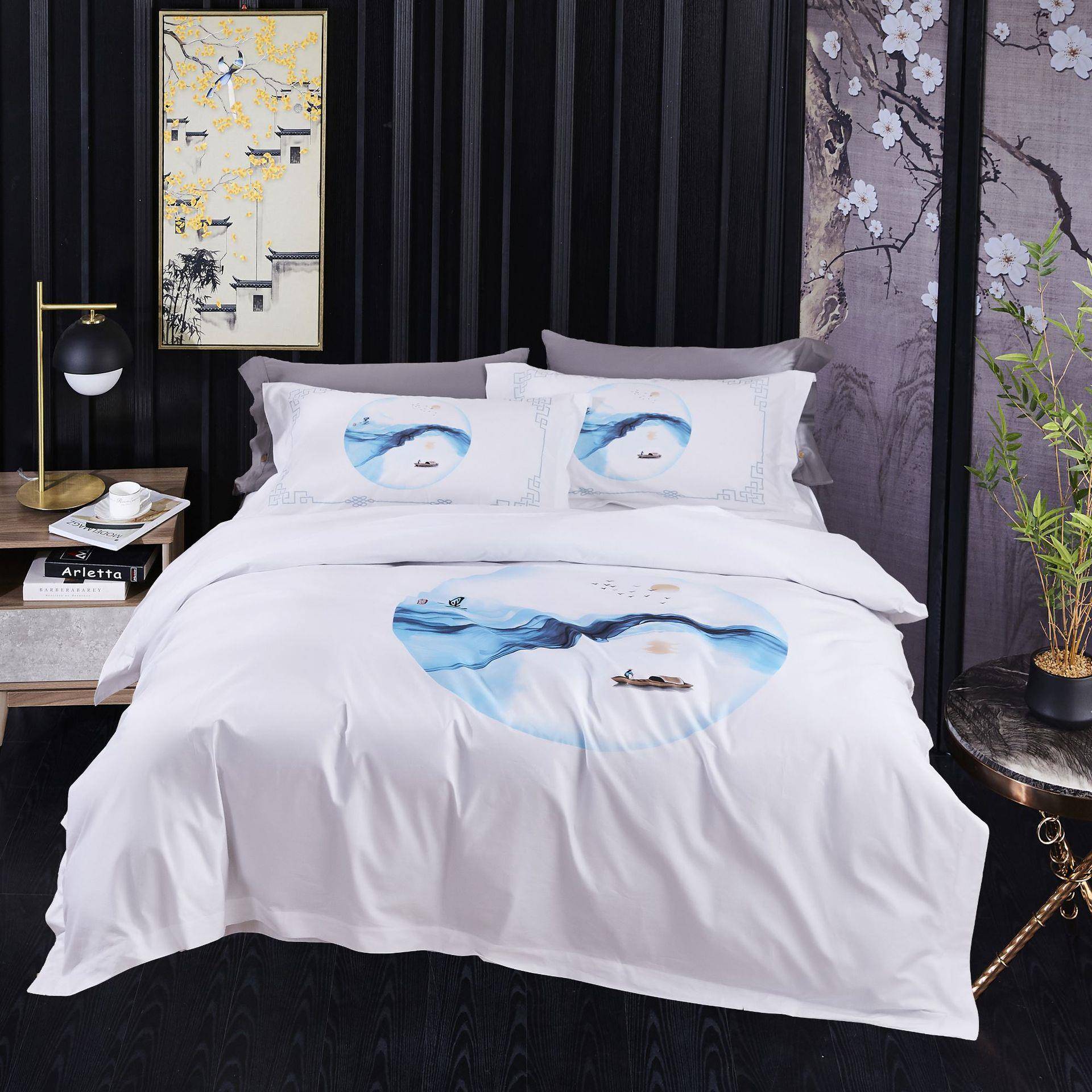 新款民宿全棉60贡缎喷气印花四件套直销高档星级酒店宾馆床上用品