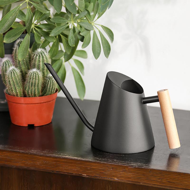 长嘴浇花水壶木手柄不锈钢多肉浇水壶黑色家用洒水壶淋花壶900ML
