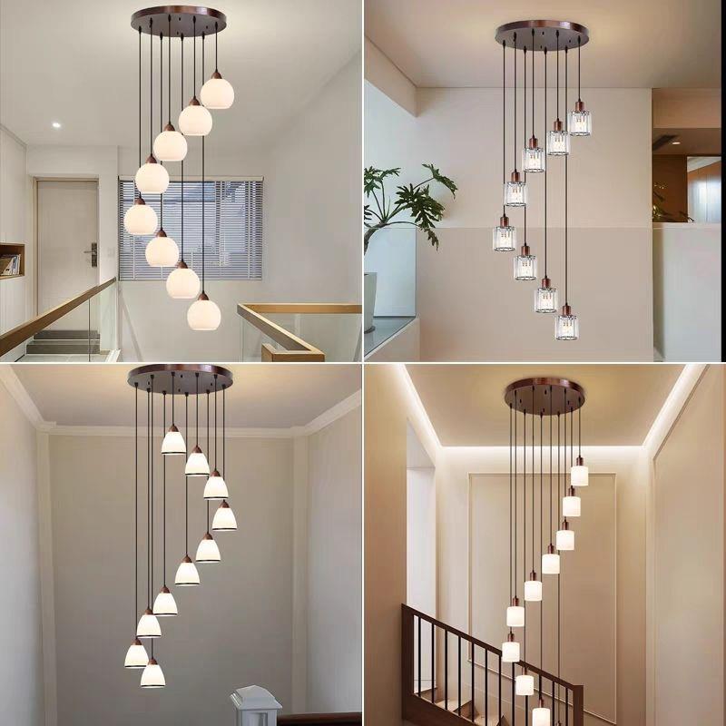 新款中式中古风格楼梯吊灯挑空复式楼楼梯间吊灯长线简约木艺吊灯