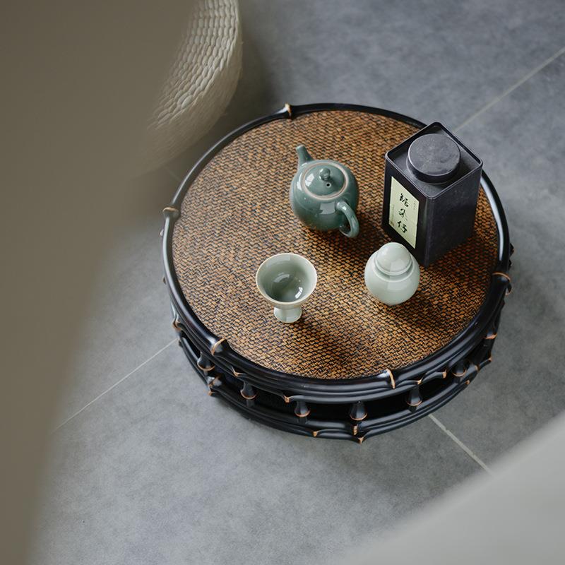 中式筇竹圆几 小茶桌 手工榻榻米席面桌 茶道配件矮桌飘窗几