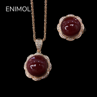 ENIMOL日本阿卡牛血珊瑚18k金吊坠戒指套装复古精致小众高级珠宝