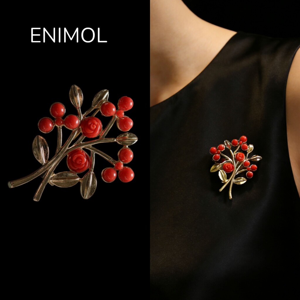 ENIMOL意大利沙丁天然珊瑚圆珠玫瑰果实镶嵌树叶造型胸针百搭红润