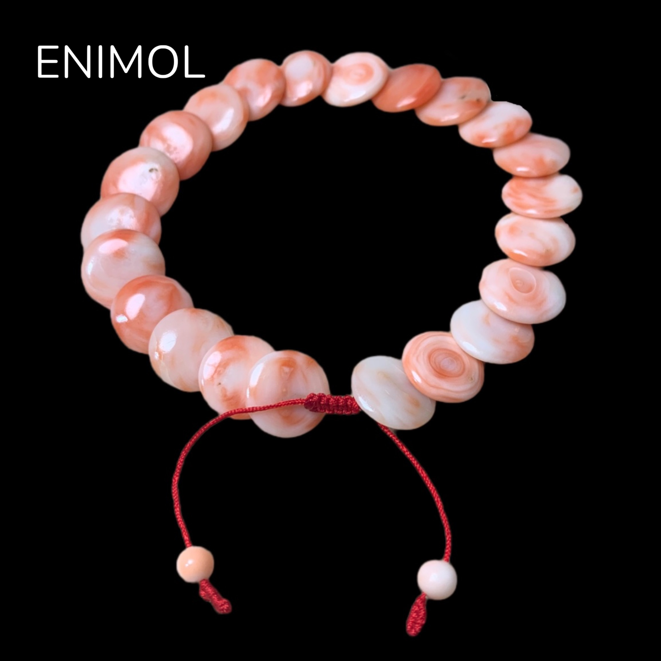 ENIMOL新款台湾momo孩儿面天然粉珊瑚圆片编织手串女有机宝石手链