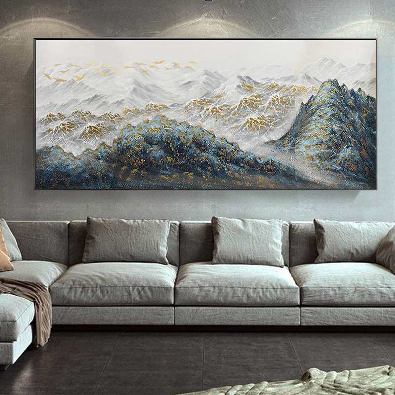 手绘油画客厅横版挂画金山三联沙发背景装饰画立体简约现代画