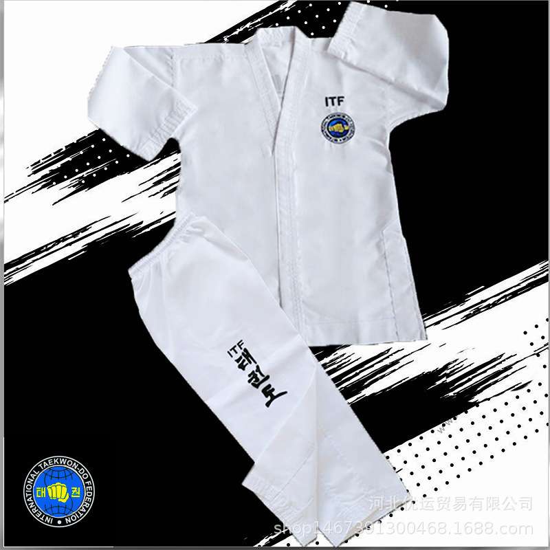 ITF跆拳道服儿童成人条纹面料训练服现货 可绣字印字道服舒适
