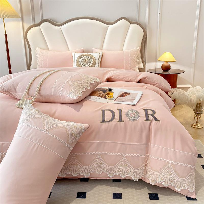 公主风蕾丝刺绣床上四件套被套纯色高级绣花被罩床单床笠款四件套