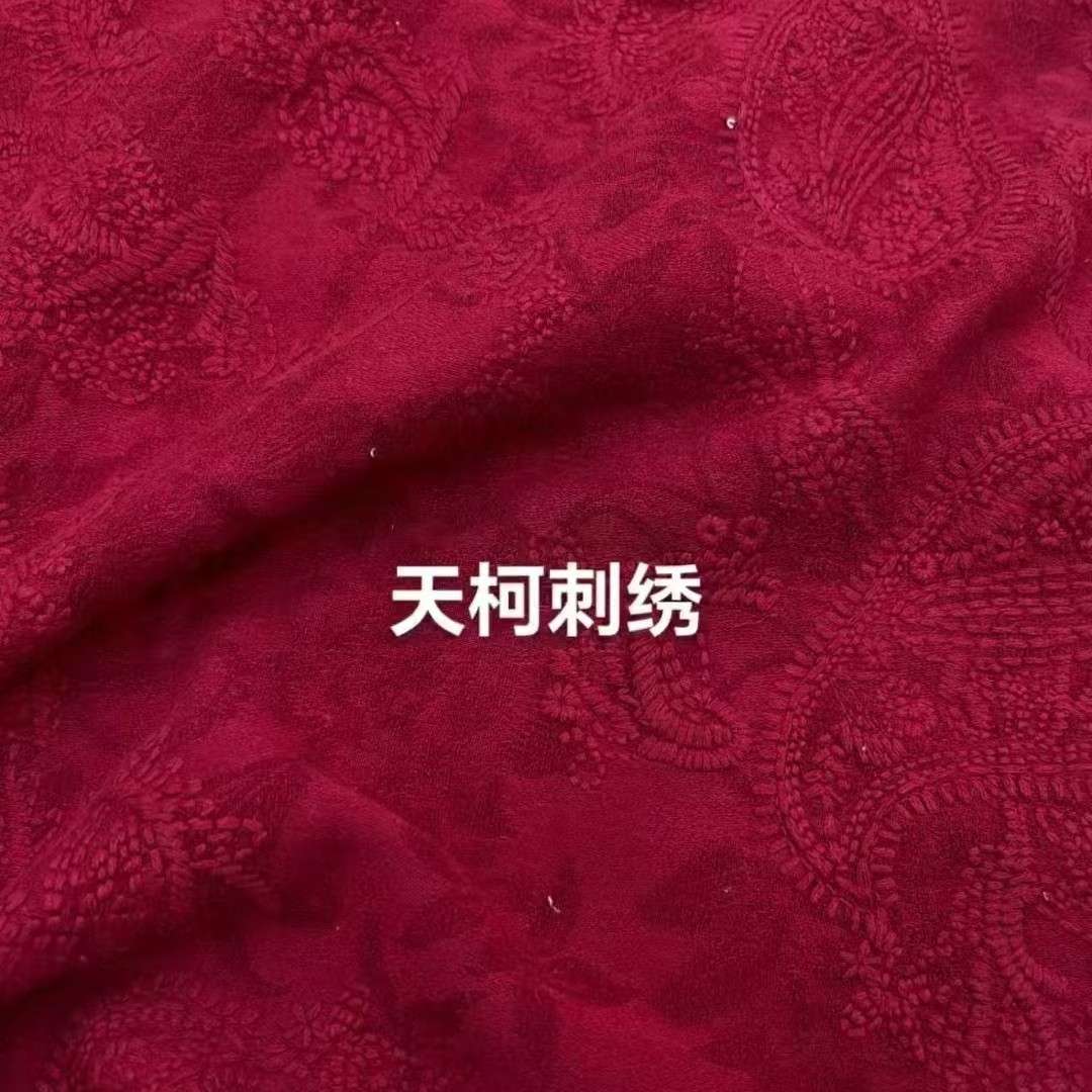 新年红黏胶棉麻仿手工粗线刺绣腰果图提花布老粗布绣花面料