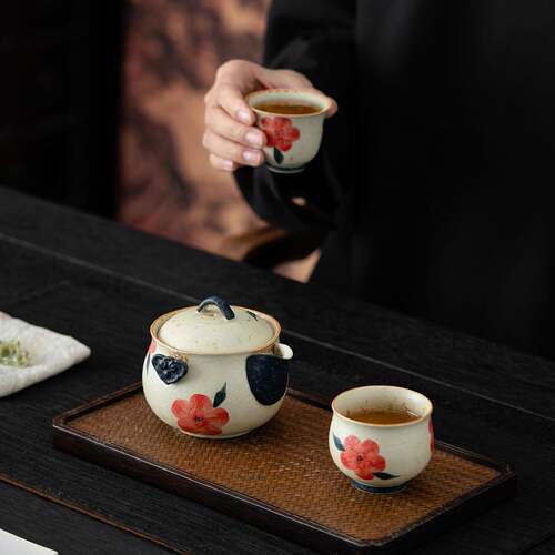复古青花火石手绘旅行茶具套装便携式一壶二杯户外露营泡茶壶茶杯