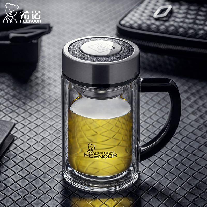 希诺双层玻璃办公杯加厚带手柄带滤网透明杯子