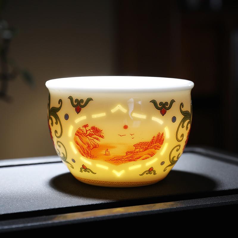 青花玲珑茶杯手绘陶瓷山水品茗杯主人杯功夫单杯中式茶具