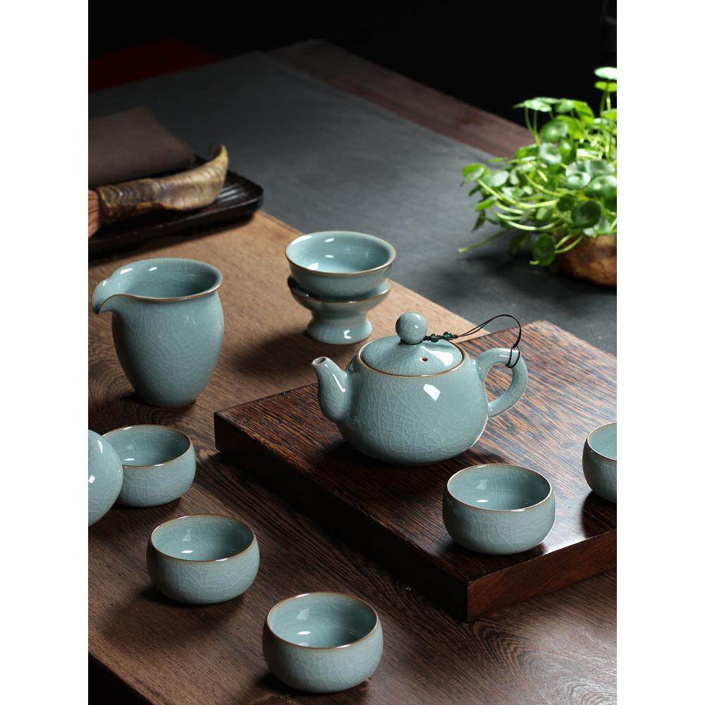 灵青坊青瓷整套功夫茶具陶瓷过滤茶壶哥窑冰裂纹开片功夫茶杯套装