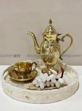 法式复古样板房茶具摆件奢华雕花黄铜茶壶茶杯软装艺术品陈列
