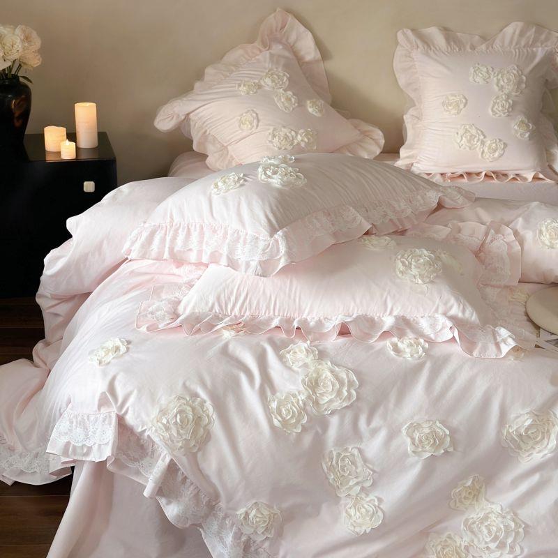 法式公主风纯棉蕾丝四件套全棉水洗棉花朵被套床单少女心床上用品
