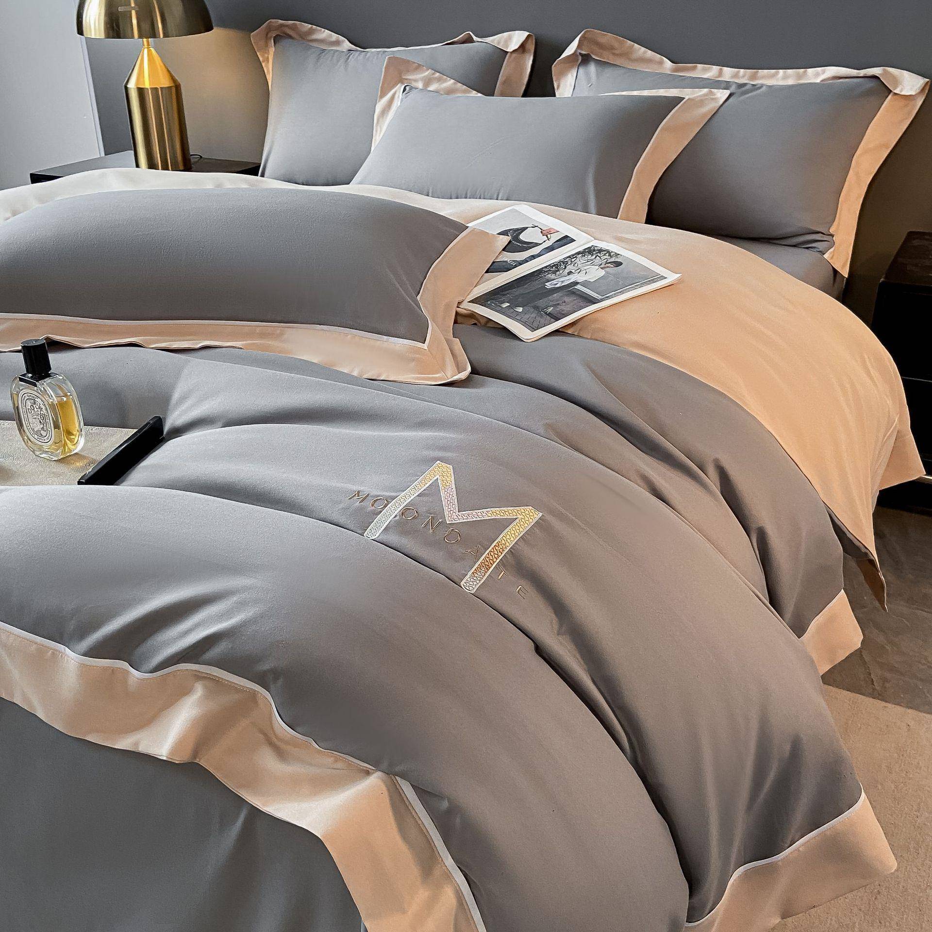 高级轻奢纯色刺绣四件套双拼水洗棉三件套被套床单床笠床上用品