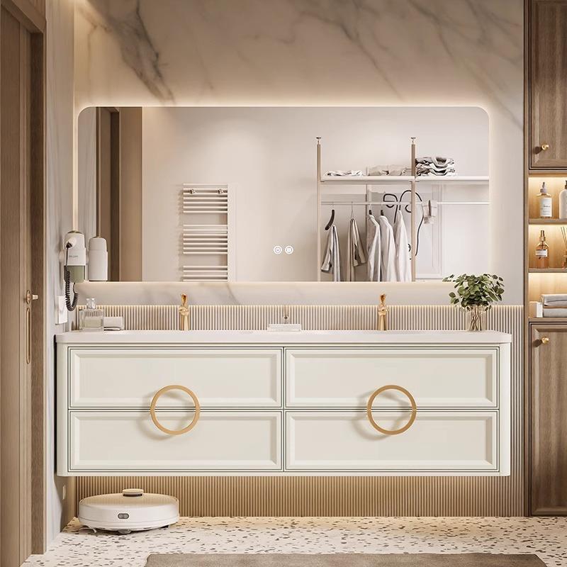 奶油风法式橡木浴室柜岩板无缝陶瓷一体盆组合洗漱台洗手脸盆双盆