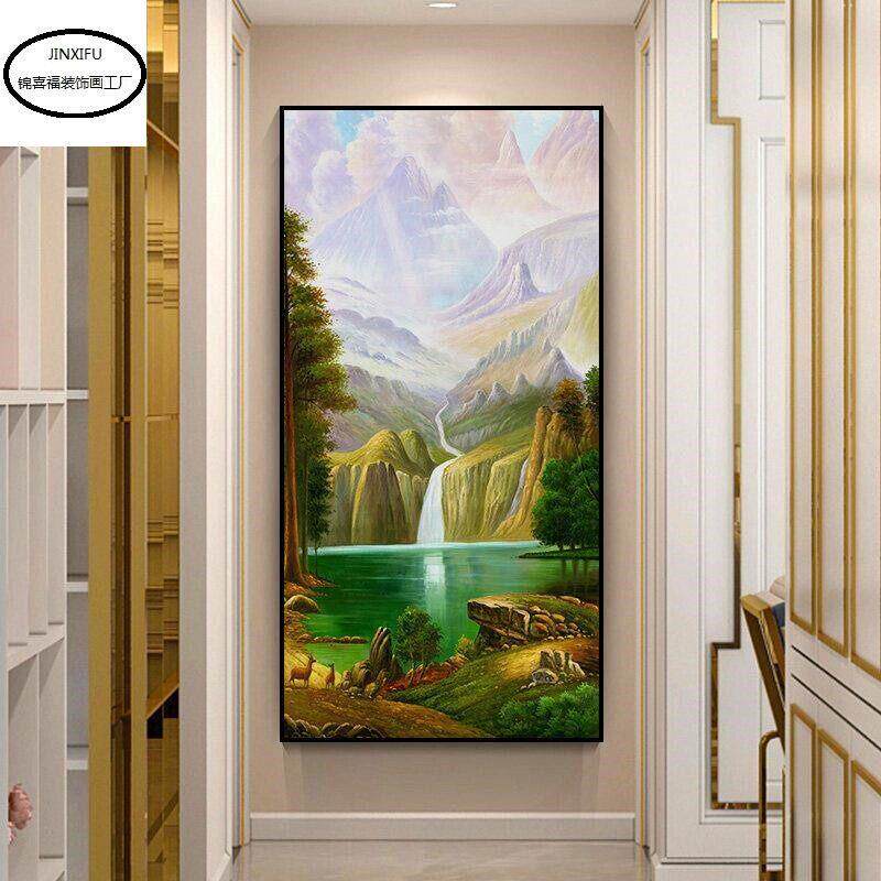 聚宝盆山水画玄关装饰画竖版过道进门画招财风水欧式挂画靠山壁画