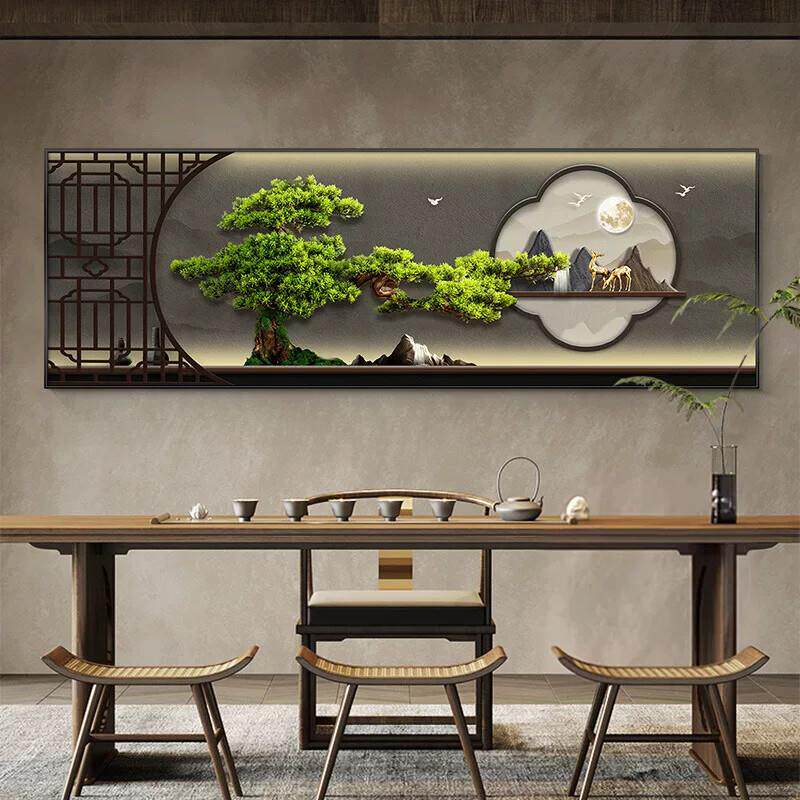 茶室背景墙挂画新中式客厅墙面装饰画茶桌办公室画迎客松壁画墙画