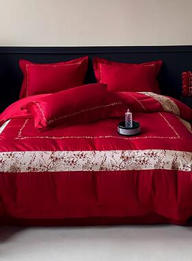 V45O1婚庆红色100S长绒棉纯棉四件套简约轻奢刺绣被套床上用
