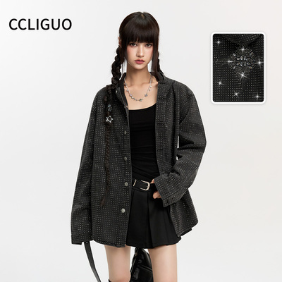 CCLIGUO秋季新款慵懒休闲百搭烫钻牛仔外套