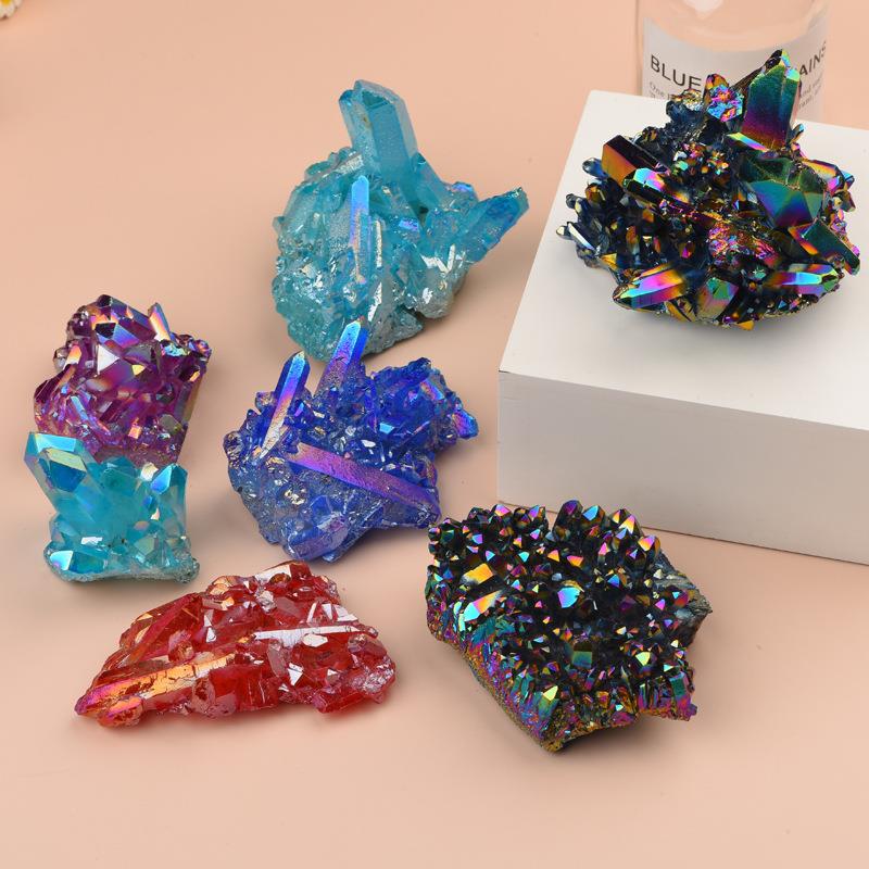 厂家镀彩水晶簇天然白水晶簇原石电镀彩色晶簇工艺品装饰摆件
