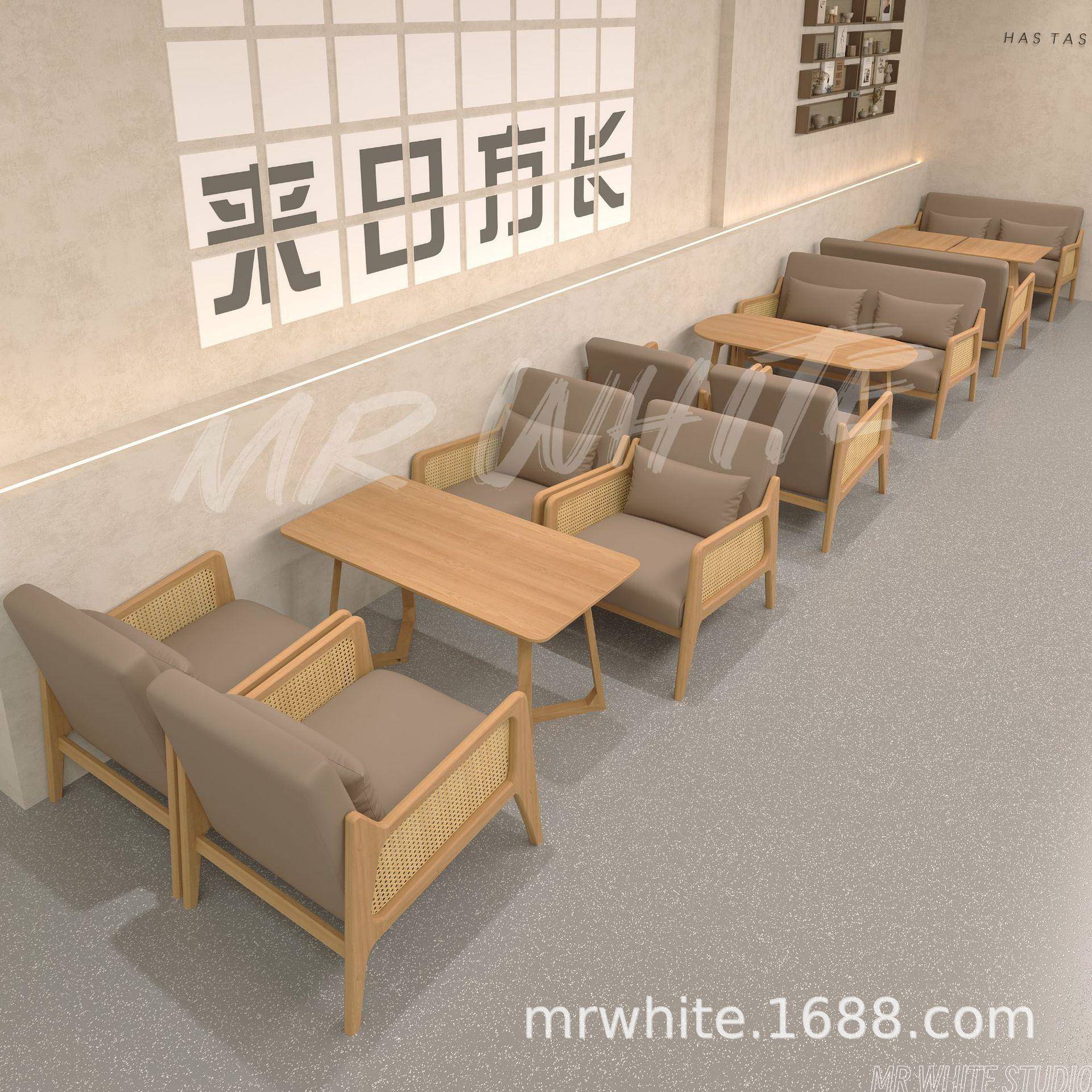 复古咖啡厅桌椅组合奶茶店餐饮甜品酒店民宿接待洽谈沙发椅子实木