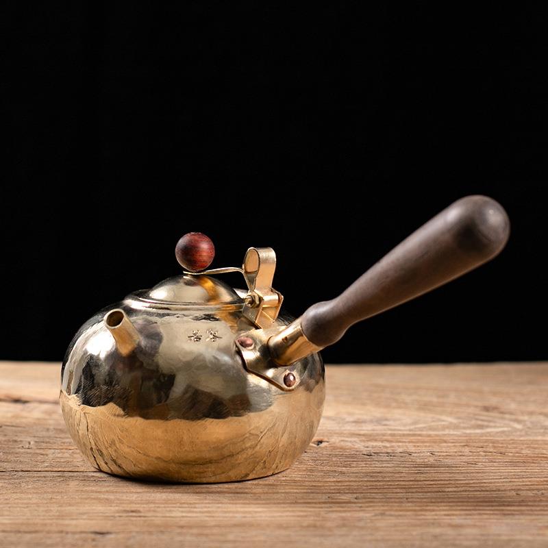 手工铜壶烧水壶煮茶鎏银壶侧把仿古复古铜水壶潮汕工夫茶小号铜壶