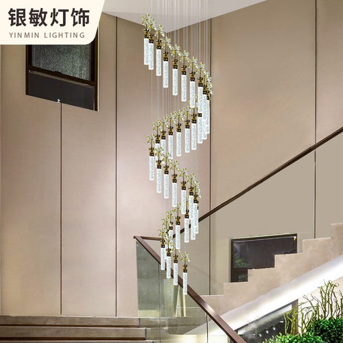 现代简约复式楼水晶大厅灯时尚北欧客厅灯别墅旋转楼梯长吊灯轻奢