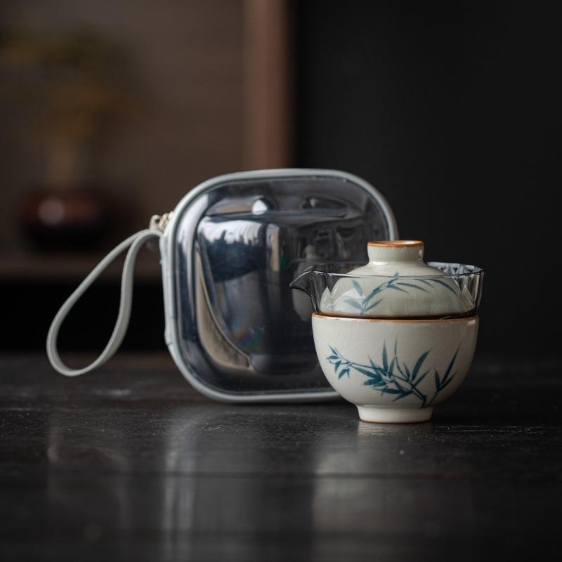手绘竹子汝窑旅行茶具快客杯个人专用泡茶杯便携装一壶一杯一人饮
