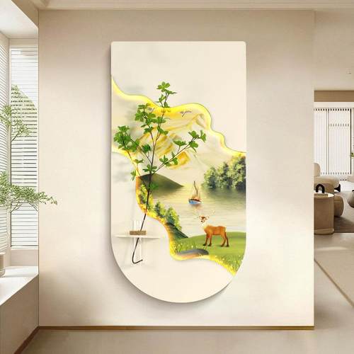 奶油风入户玄关装饰画立体砂岩水培绿植挂画氛围灯画走廊过道壁画