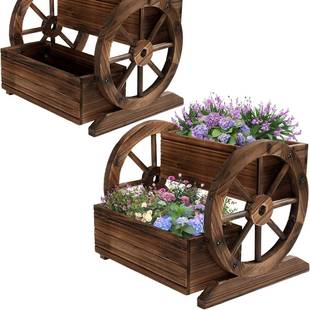 饰庭院花园 花盆用于室内及室外装 2件装 木制旅行车花盆带轮子