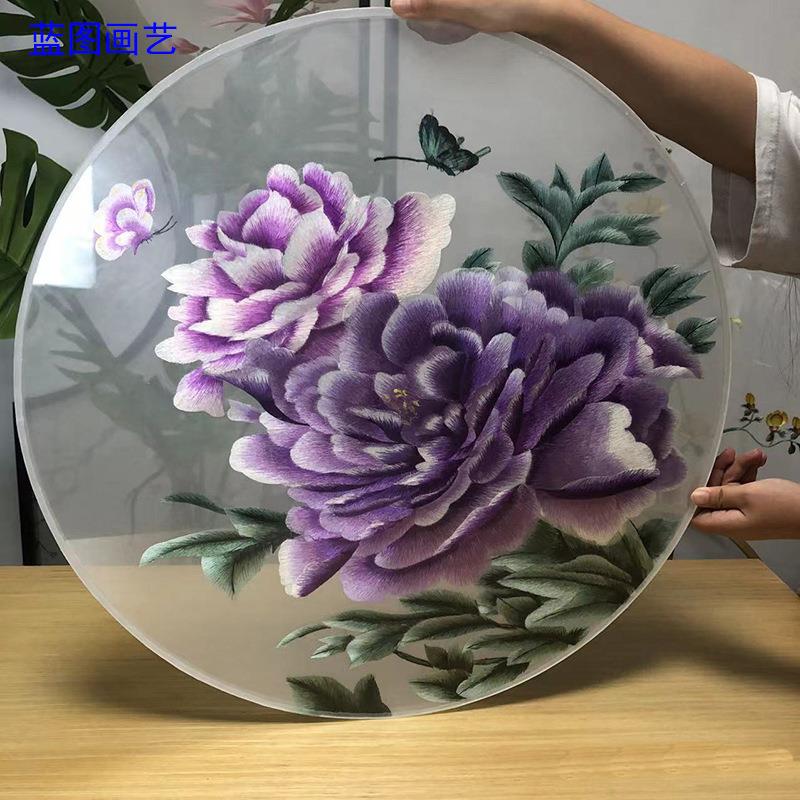 机器双面刺绣苏绣花开富贵牡丹半透明纱钢化玻璃装裱入户屏风玄关
