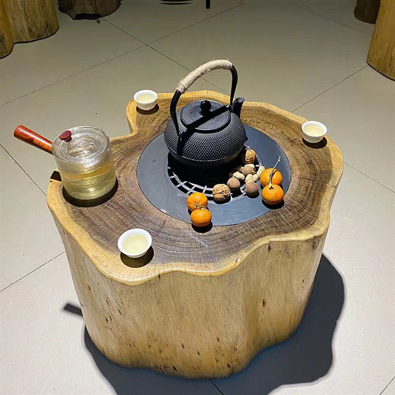 木炭烤火围炉煮茶桌家用户外小茶台实木阳台火锅烧烤桌根雕泡茶桌图片
