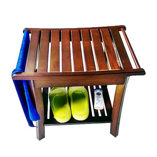 实木浴室凳新款家用带扶手双层置物凳卫生间泡脚凳柚木洗澡凳子