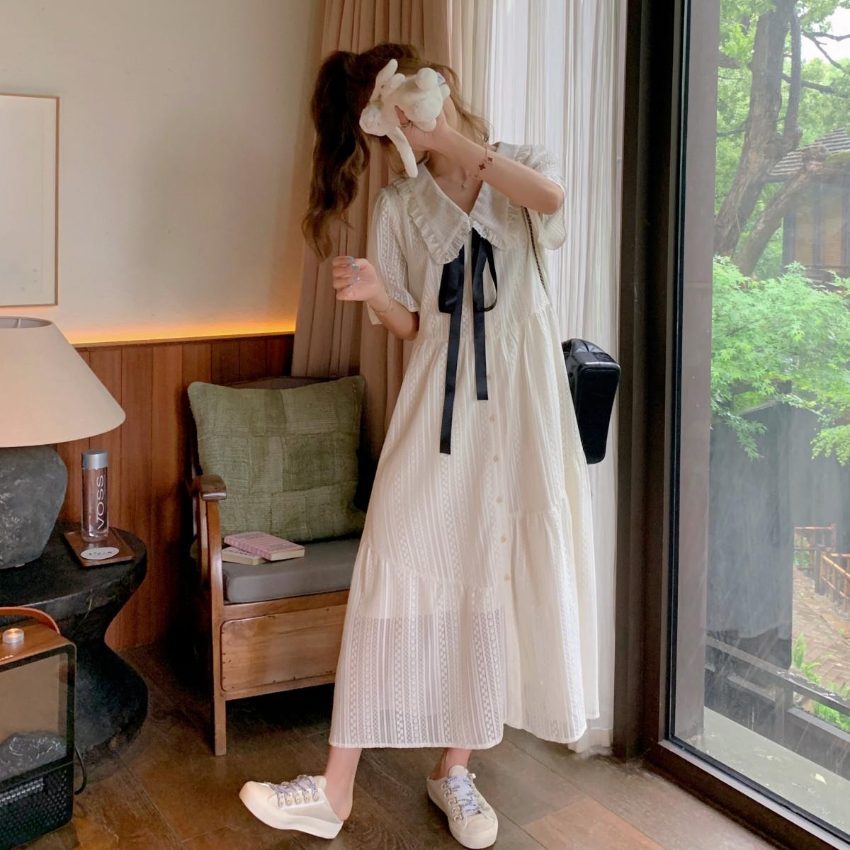 学院风白色娃娃领连衣裙女夏季2025新款韩系元气少女穿搭初恋裙子