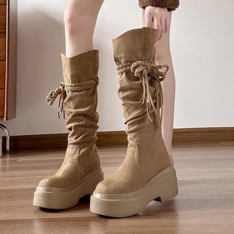 牛皮版复古废土风流苏骑士靴粗跟不过膝长筒靴显瘦堆堆西部靴女