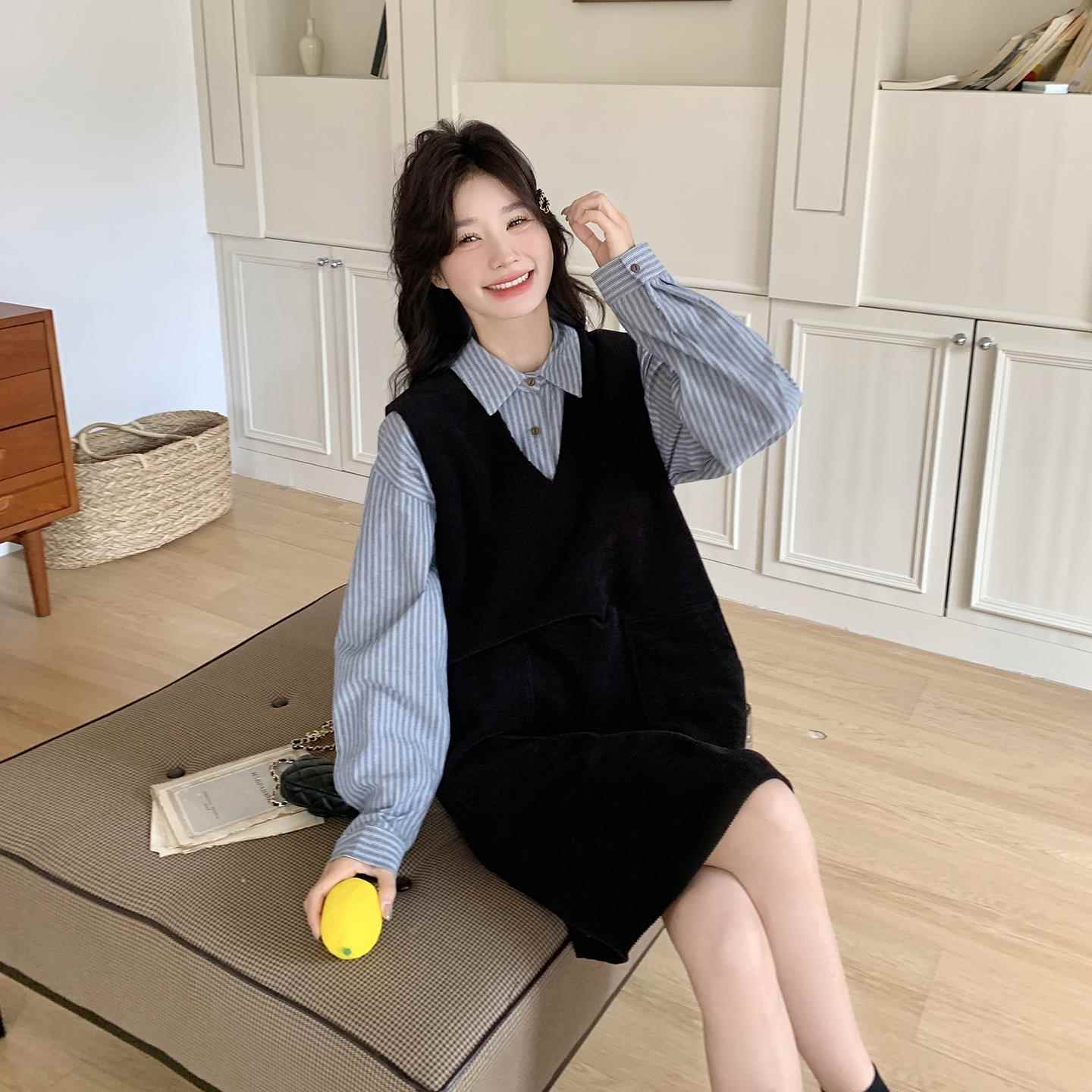 小个子穿搭条纹打底衬衫黑色背心裙新款休闲显瘦两件套连衣裙女秋