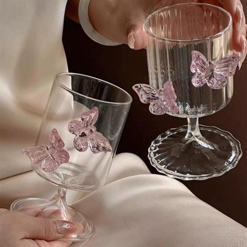 竖纹高脚玻璃酒杯子女生特别好看可爱香槟夏天冰冷饮威士忌果汁杯